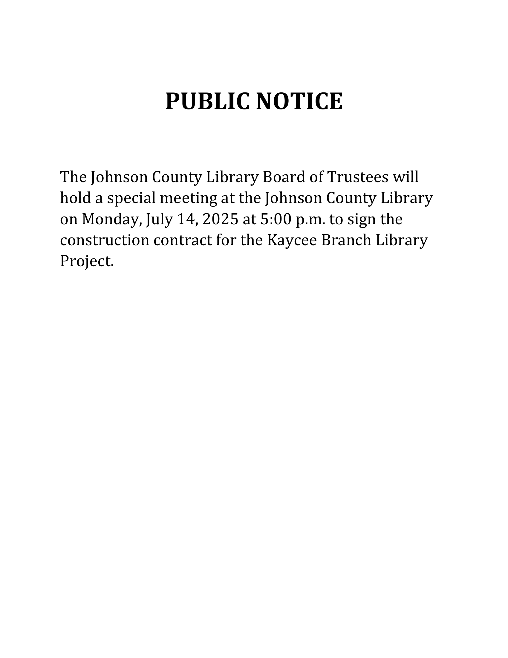 Special Board Meeting-July 14, 2025 at 5 p.m. Image