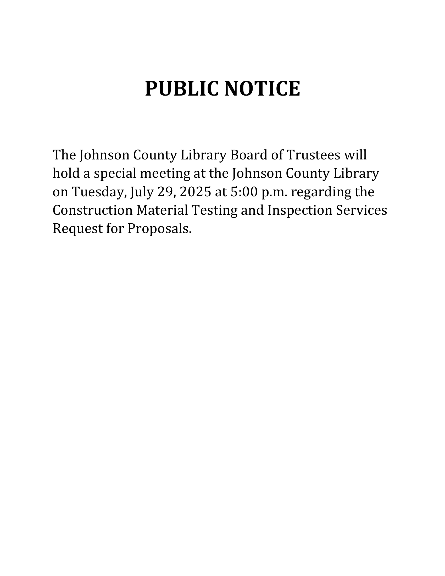 Special Board Meeting-July 29, 2025 at 5 p.m. Image