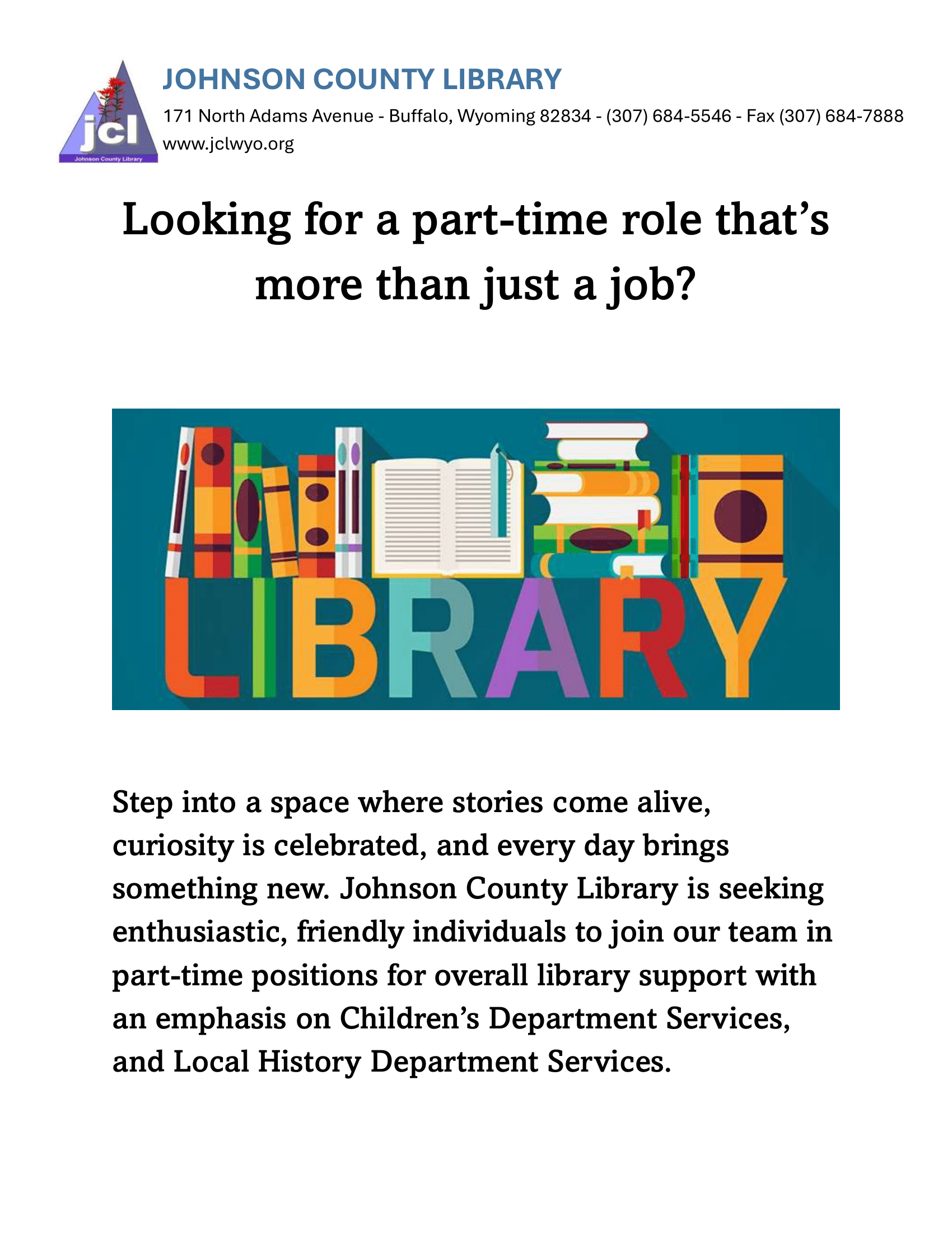 Part-time Library Assistant Positions available at the Johnson County Library Image